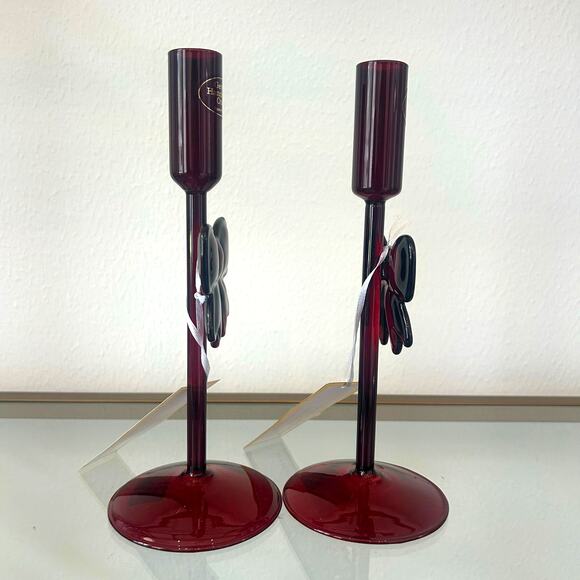 Cupcakes & Cashmere Red Bow Glass Taper Candle Holders Set of 2 Holiday Glam New - Picture 2 of 12